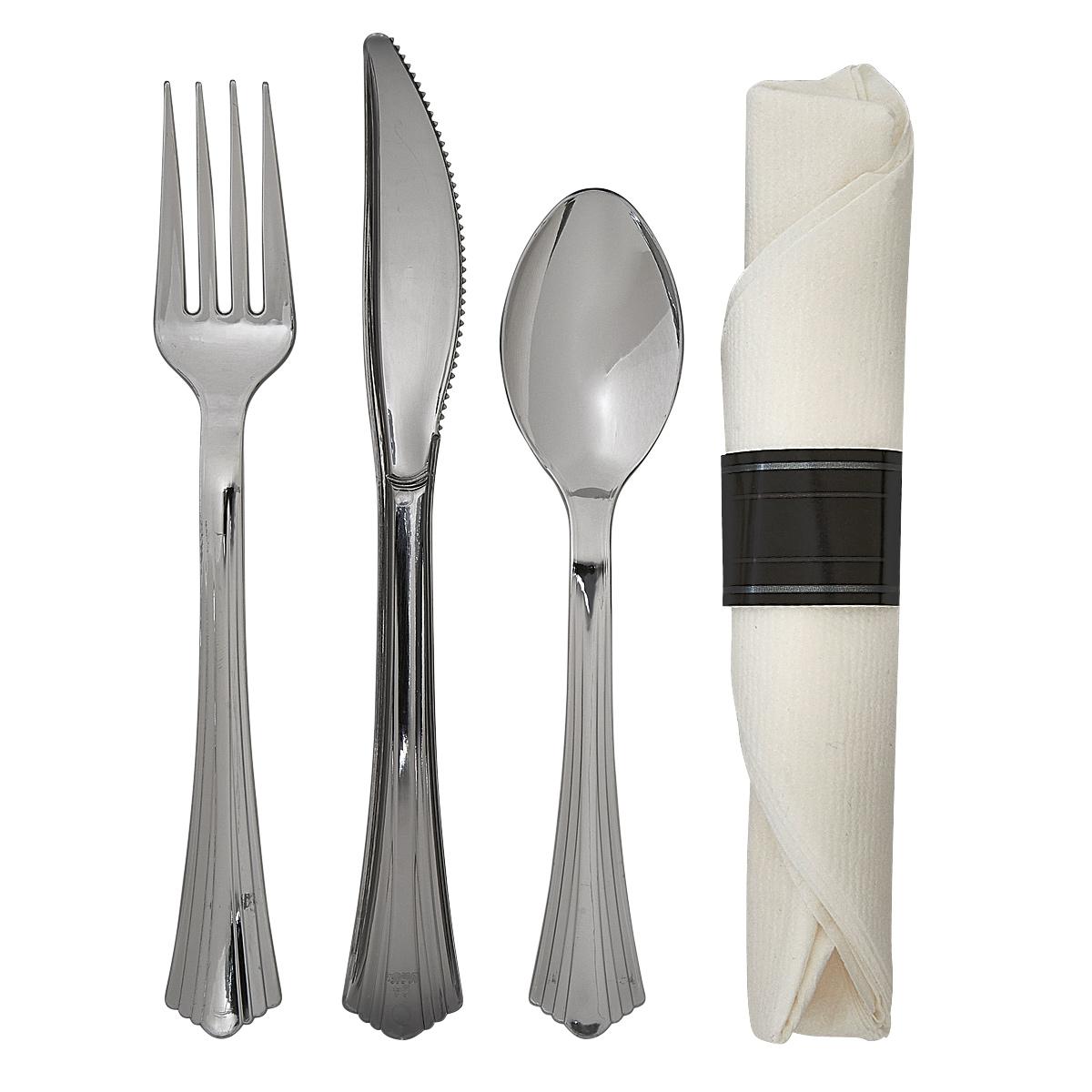 WNA Reflections® 4PC Cutlery Kit PS Silver Heavy Duty Pre-Rolled With White 17X17 Napkin,Fork,Knife,Teaspoon 120/Case