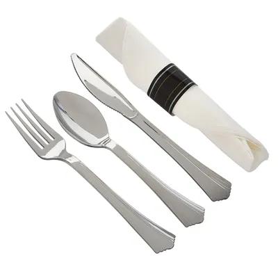 WNA Reflections® 4PC Cutlery Kit PS Silver Heavy Duty Pre-Rolled With White 17X17 Napkin,Fork,Knife,Teaspoon 120/Case