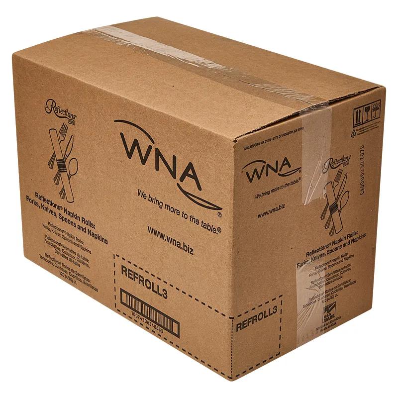 WNA Reflections® 4PC Cutlery Kit PS Silver Heavy Duty Pre-Rolled With White 17X17 Napkin,Fork,Knife,Teaspoon 120/Case