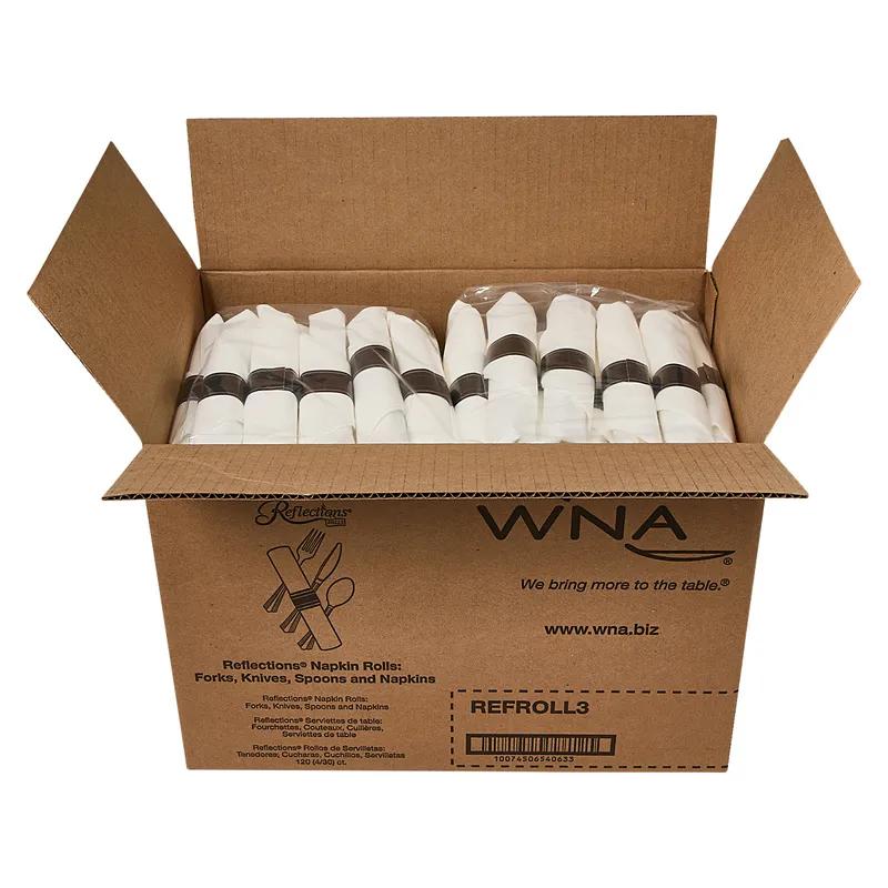 WNA Reflections® 4PC Cutlery Kit PS Silver Heavy Duty Pre-Rolled With White 17X17 Napkin,Fork,Knife,Teaspoon 120/Case