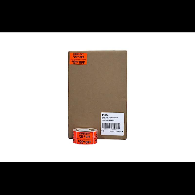 Bonus Buy $2.00 Off Coupon Savings Label 2X3 IN Black Fluorescent Red Tear Off 250 Count/Roll 20 Rolls/Case