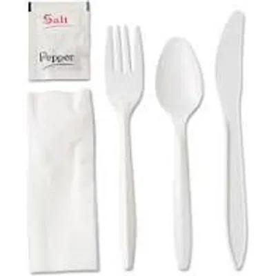 Boardwalk® 6PC Cutlery Kit PP White Medium Weight With Napkin,Fork,Knife,Spoon,Salt & Pepper 250/Case