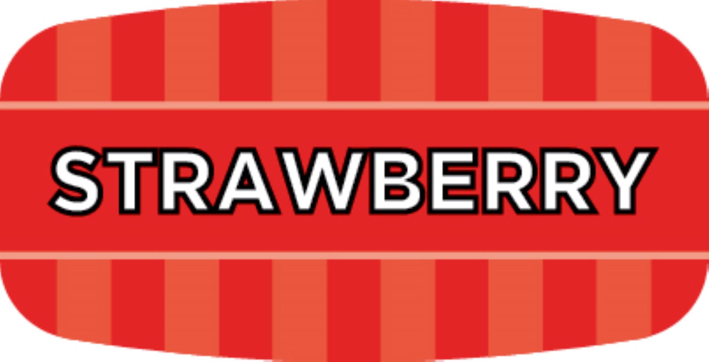 Strawberry Bakery Flavor Label 0.625X1.25 IN Red Oval 4 Color Process UV 1000 Count/Roll 50 Rolls/Case 50000 Count/Case