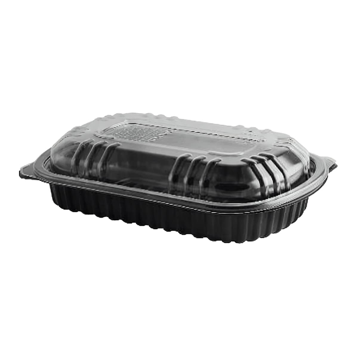 MicroRaves® Half Rib Take-Out Container Base & Lid Combo With Dome Lid 22 OZ PP OPS Black Clear Rectangle 100/Case