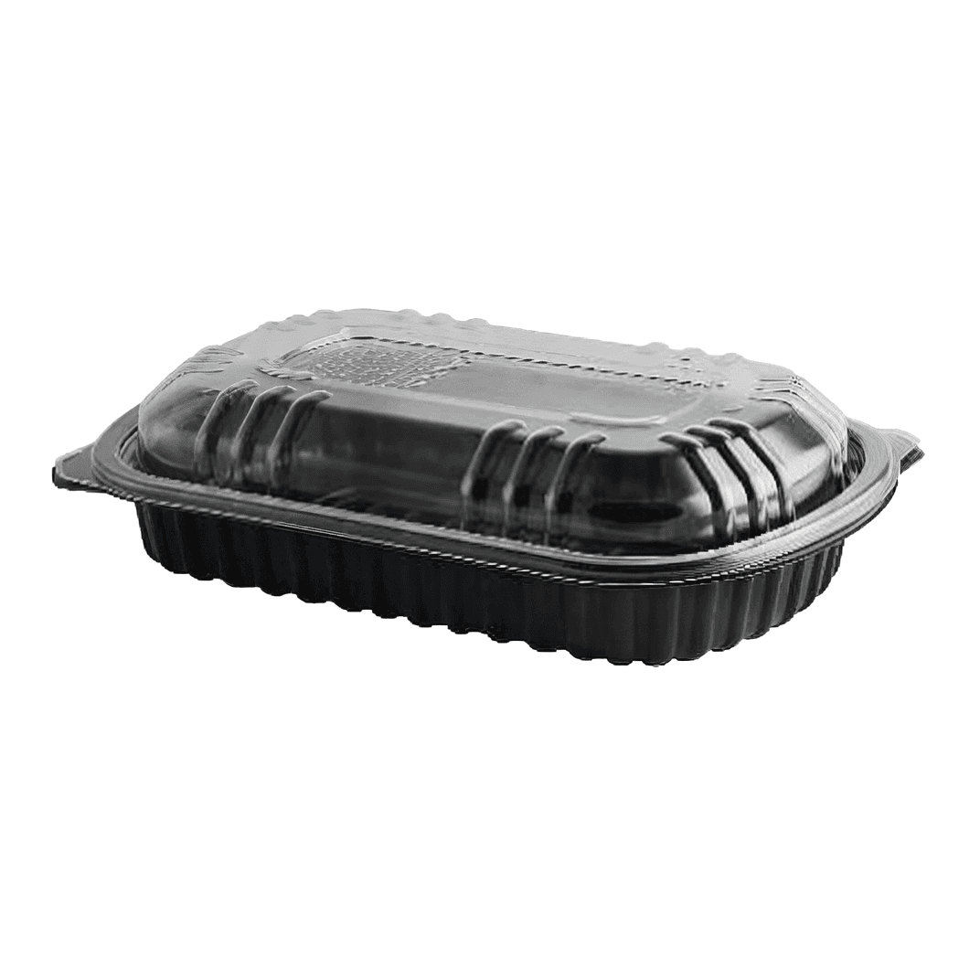 MicroRaves® Half Rib Take-Out Container Base & Lid Combo With Dome Lid 22 OZ PP OPS Black Clear Rectangle 100/Case