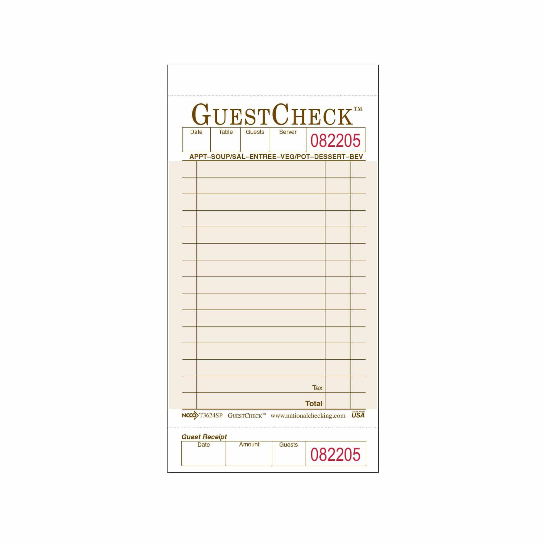Guest Check 3.5X6.75 IN 1-Part Medium Single Copy Paper 100 Sheets/Pack 50 Packs/Case 5000 Count/Case