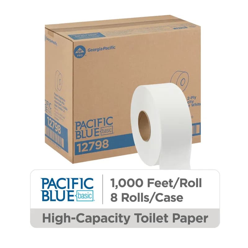 Pacific Blue Basic Toilet Paper & Tissue Roll 3.5IN X1000FT 2PLY White Jumbo (JRT) High Capacity 1000 Sheets/Roll 8 Rolls/Case