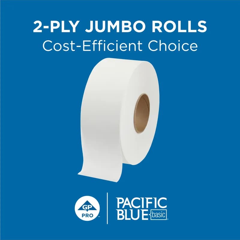 Pacific Blue Basic Toilet Paper & Tissue Roll 3.5IN X1000FT 2PLY White Jumbo (JRT) High Capacity 1000 Sheets/Roll 8 Rolls/Case