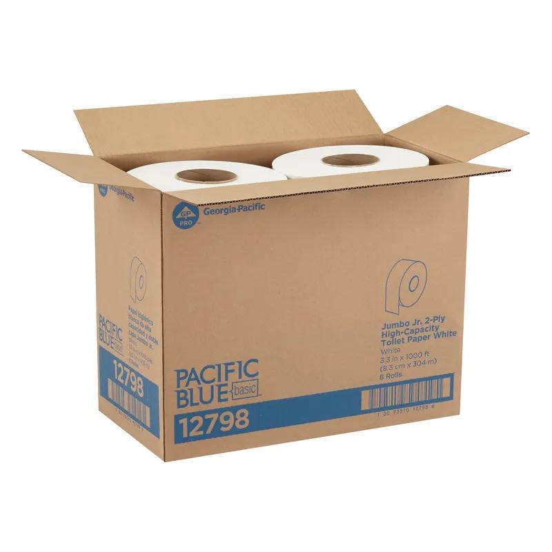 Pacific Blue Basic Toilet Paper & Tissue Roll 3.5IN X1000FT 2PLY White Jumbo (JRT) High Capacity 1000 Sheets/Roll 8 Rolls/Case