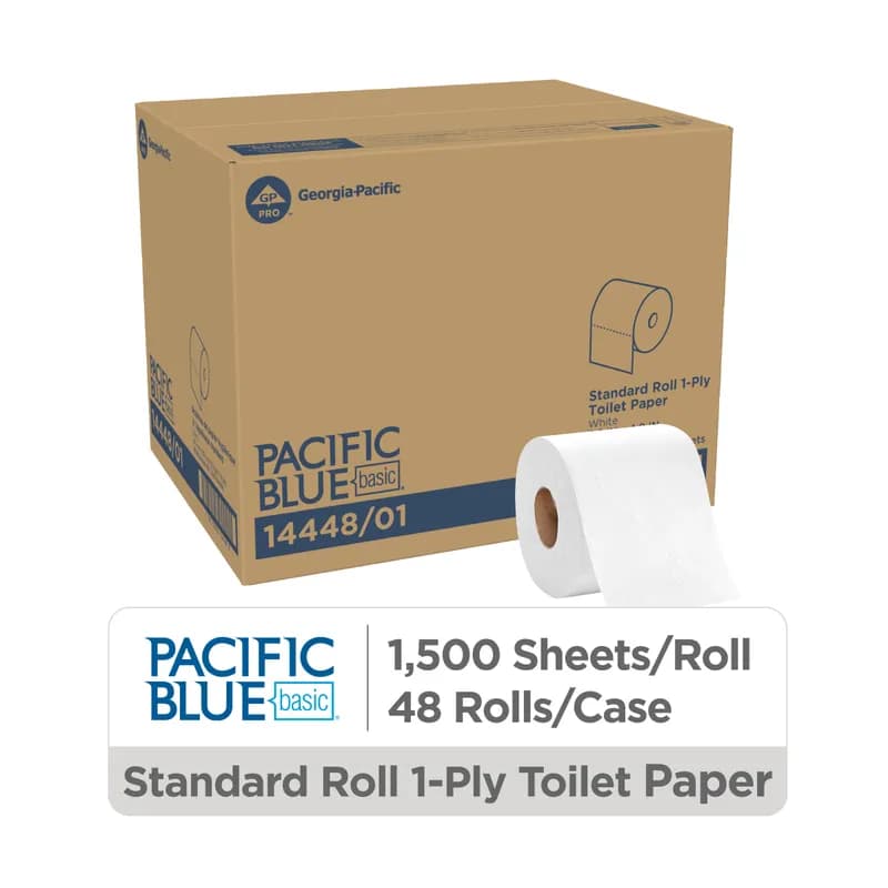 Pacific Blue Basic Toilet Paper & Tissue Roll 4X3.8 IN 1PLY White Standard 1500 Sheets/Roll 48 Rolls/Case