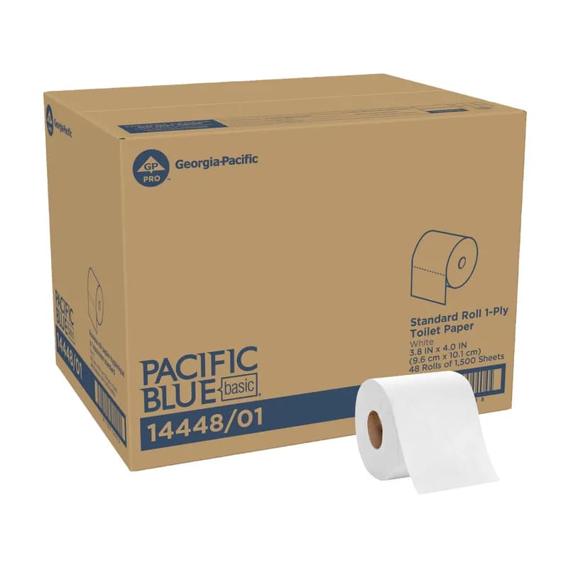 Pacific Blue Basic Toilet Paper & Tissue Roll 4X3.8 IN 1PLY White Standard 1500 Sheets/Roll 48 Rolls/Case