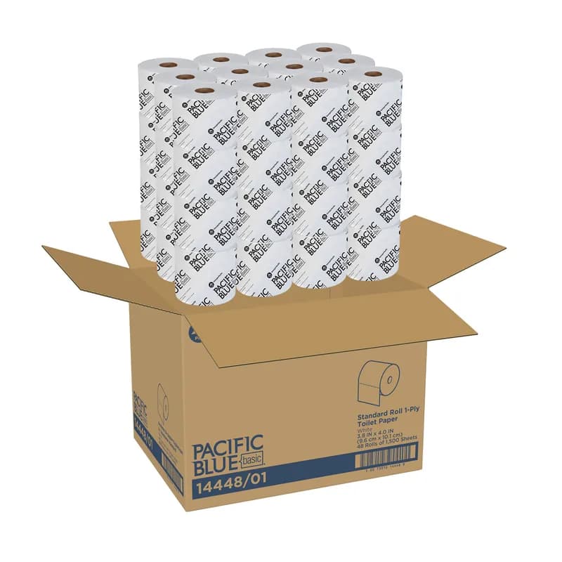 Pacific Blue Basic Toilet Paper & Tissue Roll 4X3.8 IN 1PLY White Standard 1500 Sheets/Roll 48 Rolls/Case