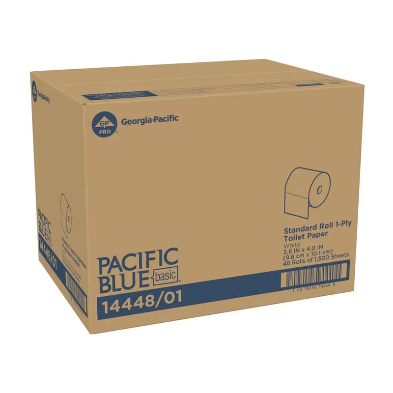 Pacific Blue Basic Toilet Paper & Tissue Roll 4X3.8 IN 1PLY White Standard 1500 Sheets/Roll 48 Rolls/Case