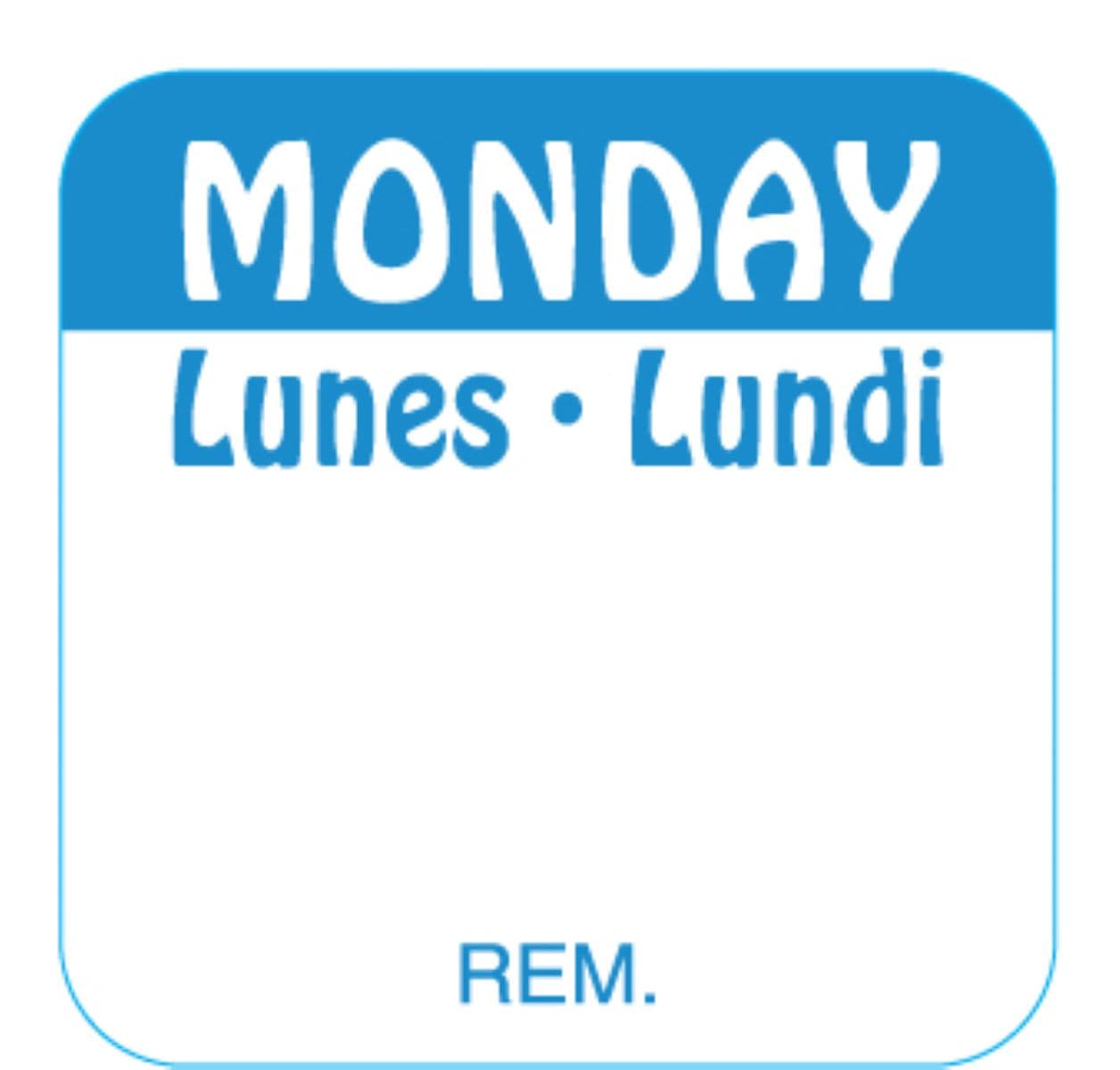 Monday DOW Food Safety Label 1X1 IN Blue Square Trilingual Regular Removable 1000 Count/Roll 50 Rolls/Case