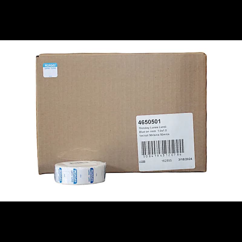 Monday DOW Food Safety Label 1X1 IN Blue Square Trilingual Regular Removable 1000 Count/Roll 50 Rolls/Case