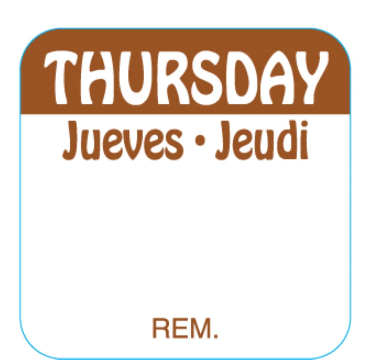Thursday DOW Food Safety Label 1X1 IN Brown Square Trilingual Regular Removable 1000 Count/Roll 50 Rolls/Case