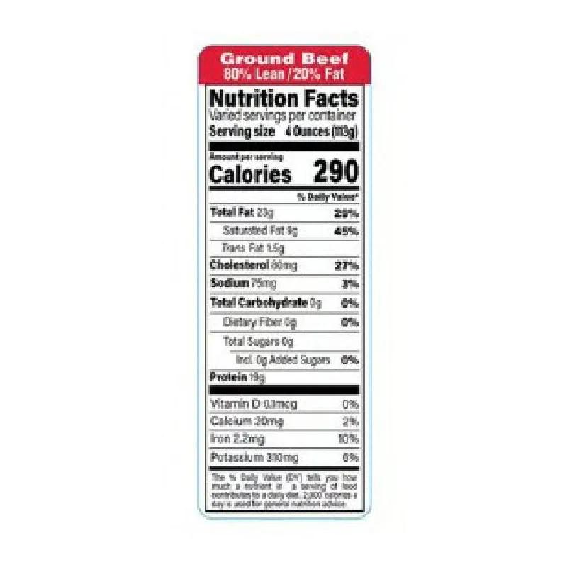 Ground Beef FDA 80/20 Label 1.5X4.125 IN Red Black Rectangle Nutritional Facts 1000/Roll