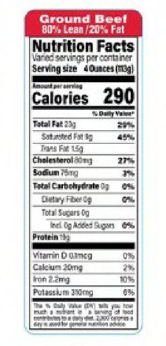 Ground Beef FDA 80/20 Label 1.5X4.125 IN Red Black Rectangle Nutritional Facts 1000/Roll