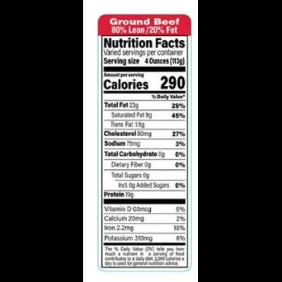 Ground Beef FDA 80/20 Label 1.5X4.125 IN Red Black Rectangle Nutritional Facts 1000/Roll