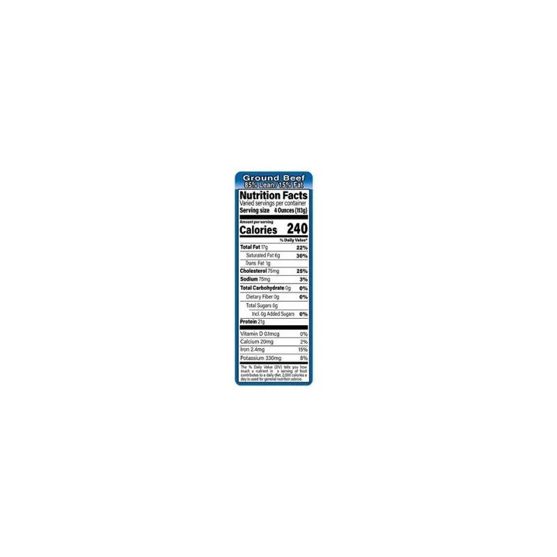 Ground Beef FDA 85/15 Label 1.5X4.125 IN Blue Black Rectangle Full Border Nutritional Facts 1000/Roll