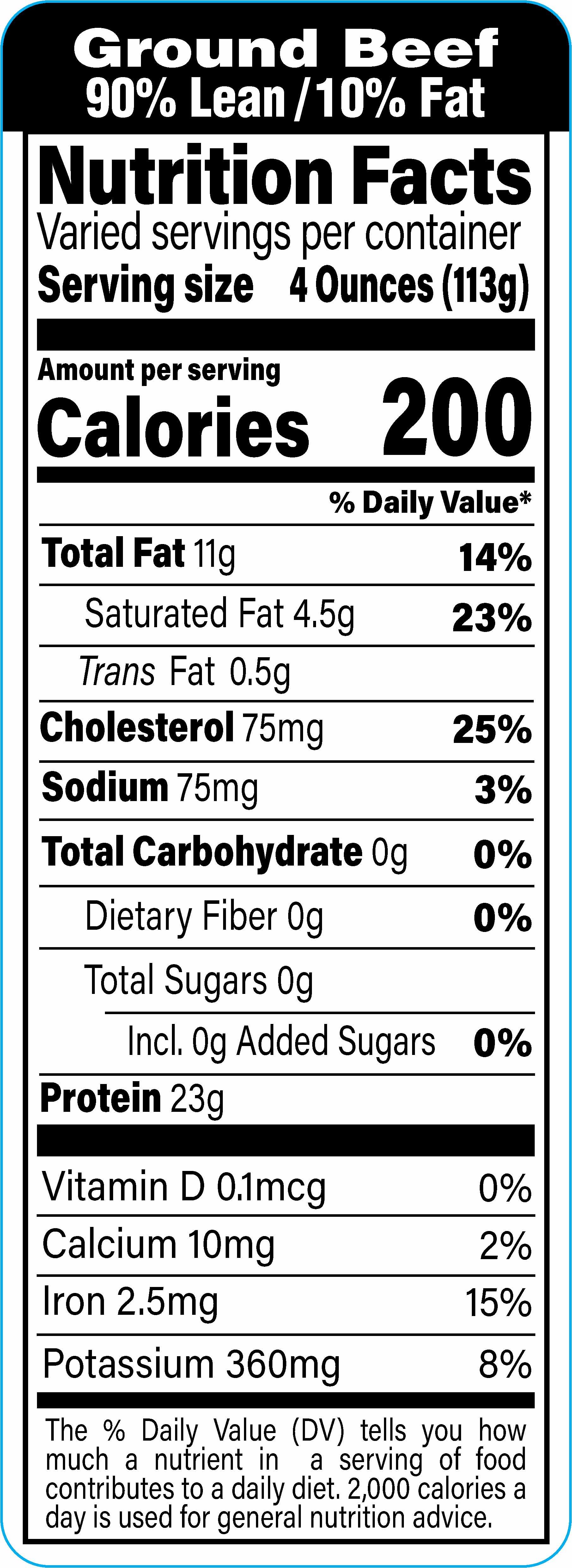 Ground Beef 90% Lean/10% Fat Meat Nutritional Label 1.5X4.125 IN Black UV 1000 Count/Roll 12 Rolls/Case 12000 Count/Case