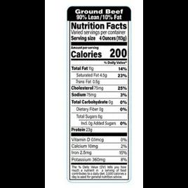 Ground Beef FDA 90/10 Label 1.5X4.125 IN Black White Rectangle Nutritional Facts 1000/Roll