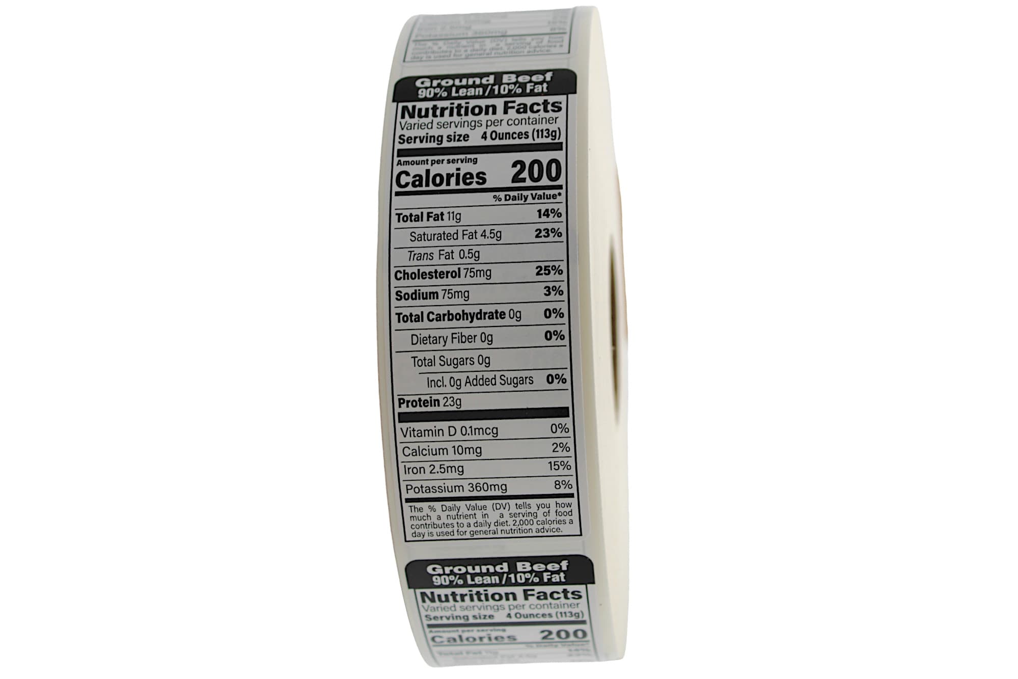 Ground Beef 90% Lean/10% Fat Meat Nutritional Label 1.5X4.125 IN Black UV 1000 Count/Roll 12 Rolls/Case 12000 Count/Case
