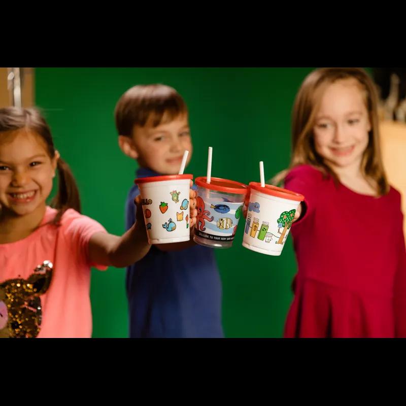 Cold Cup, Lid & Straw Combo Kid With Flat Lid 12 OZ PP Multicolor Recycle Friends With Hole 500/Case