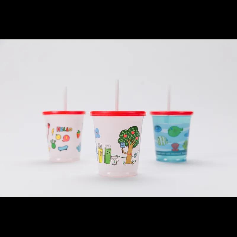 Cold Cup, Lid & Straw Combo Kid With Flat Lid 12 OZ PP Multicolor Recycle Friends With Hole 500/Case