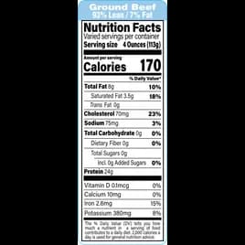 Ground Beef 93% Lean/7% Fat Meat Nutritional Label 1.5X4.125 IN Blue Black UV 1000 Count/Roll 12 Rolls/Case