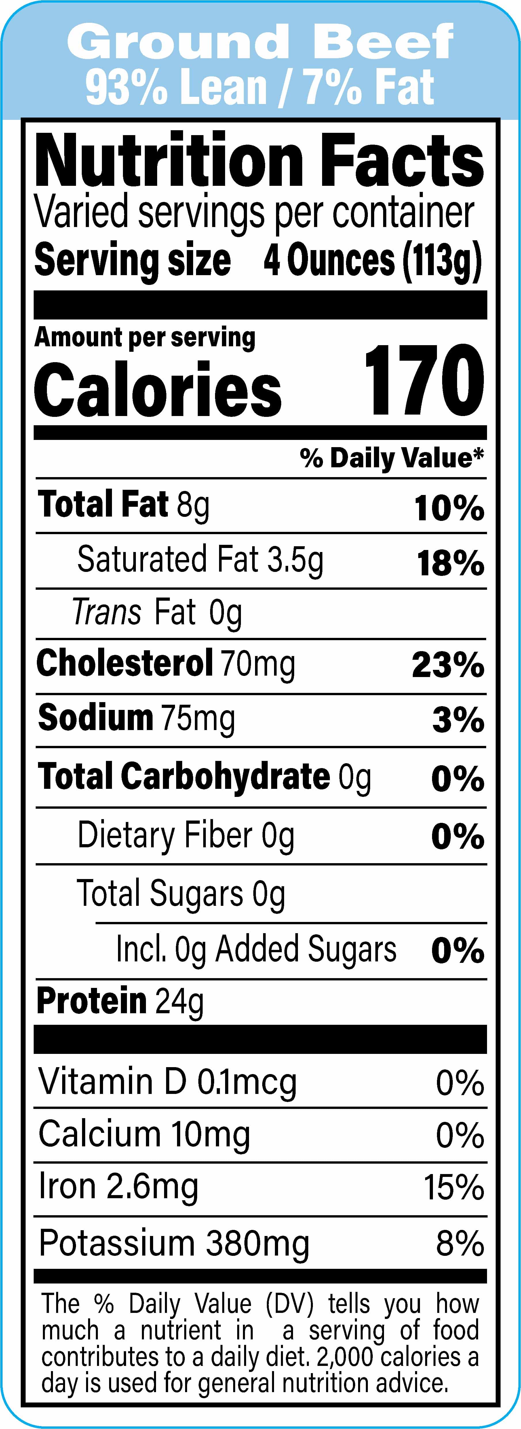 Ground Beef 93% Lean/7% Fat Meat Nutritional Label 1.5X4.125 IN Blue Black UV 1000 Count/Roll 12 Rolls/Case