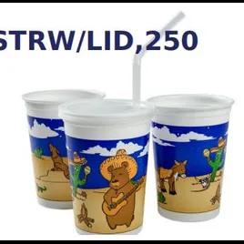 Cup, Lid & Straw Combo Kid With Flat Lid 12 OZ Plastic Multicolor With Hole 250 Count/Pack 1 Packs/Case 250 Count/Case