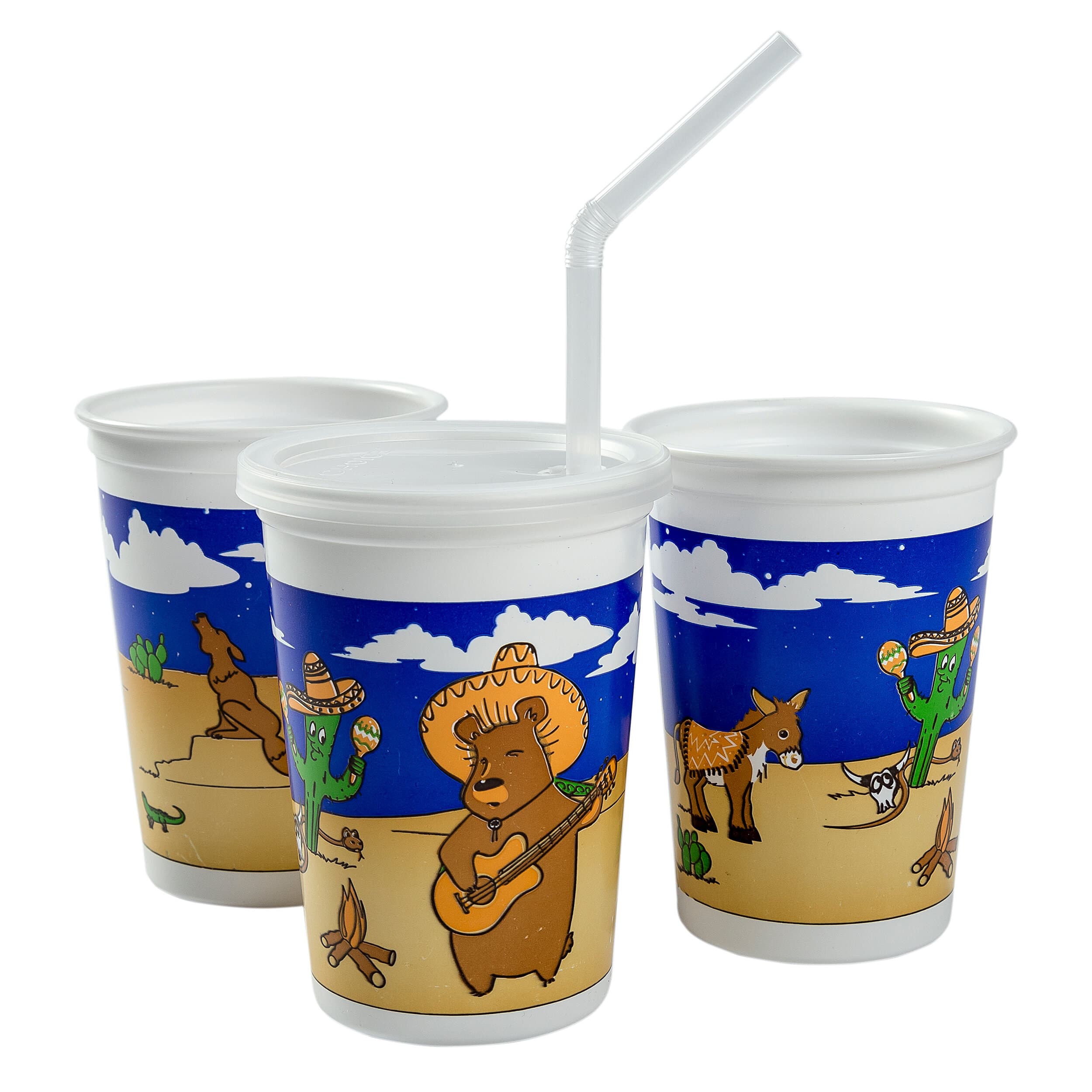 Cup, Lid & Straw Combo Kid With Flat Lid 12 OZ Plastic Multicolor With Hole 250 Count/Pack 1 Packs/Case 250 Count/Case
