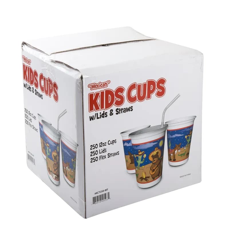 Cup, Lid & Straw Combo Kid With Flat Lid 12 OZ Plastic Multicolor With Hole 250 Count/Pack 1 Packs/Case 250 Count/Case