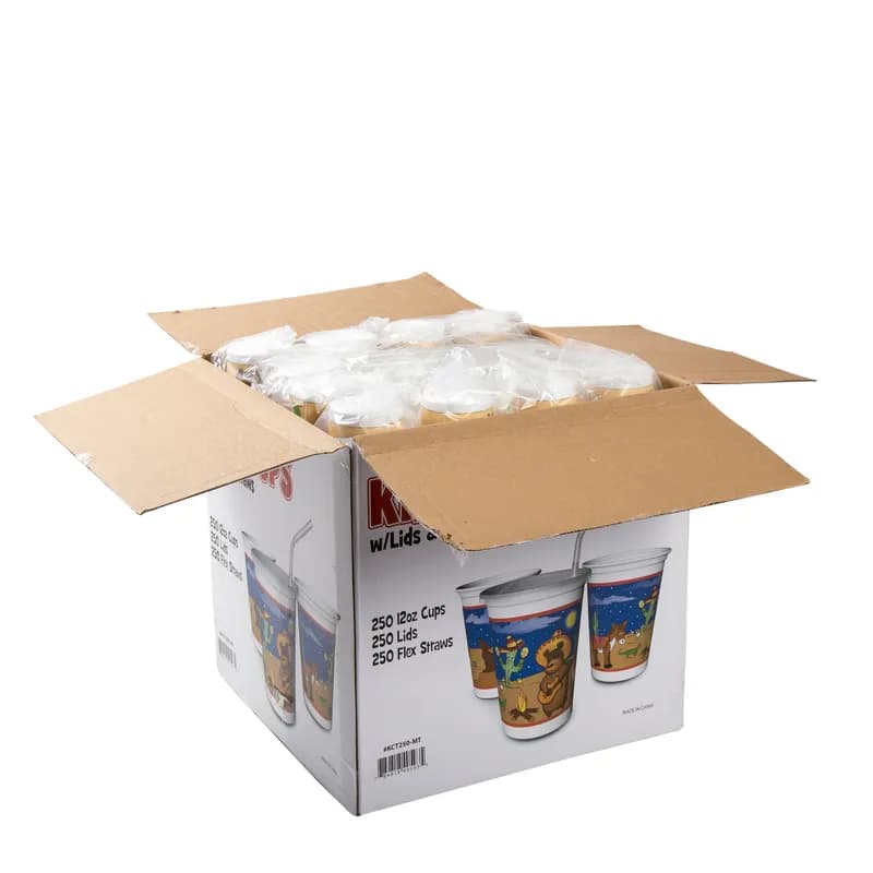 Cup, Lid & Straw Combo Kid With Flat Lid 12 OZ Plastic Multicolor With Hole 250 Count/Pack 1 Packs/Case 250 Count/Case