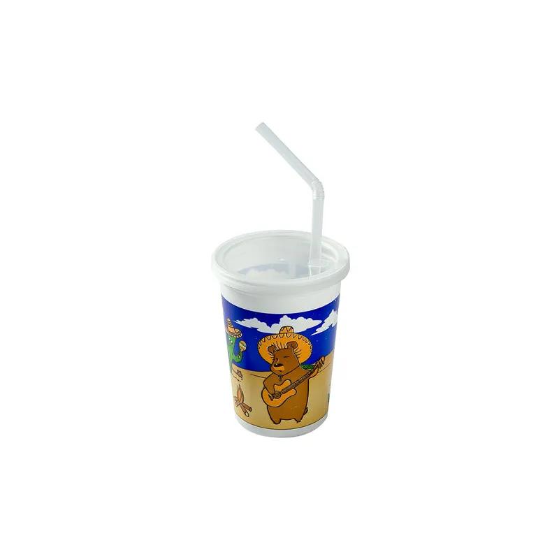Cup, Lid & Straw Combo Kid With Flat Lid 12 OZ Plastic Multicolor With Hole 250 Count/Pack 1 Packs/Case 250 Count/Case