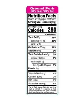 Ground Pork 80% Lean 20% Fat Label 1.5X4.125 IN Pink Black Rectangle Nutritional Facts 1000/Roll