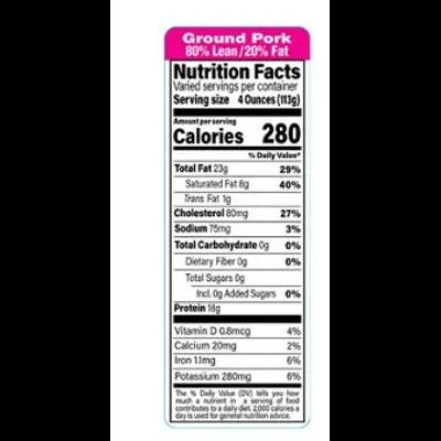 Ground Pork 80% Lean 20% Fat Label 1.5X4.125 IN Pink Black Rectangle Nutritional Facts 500/Roll