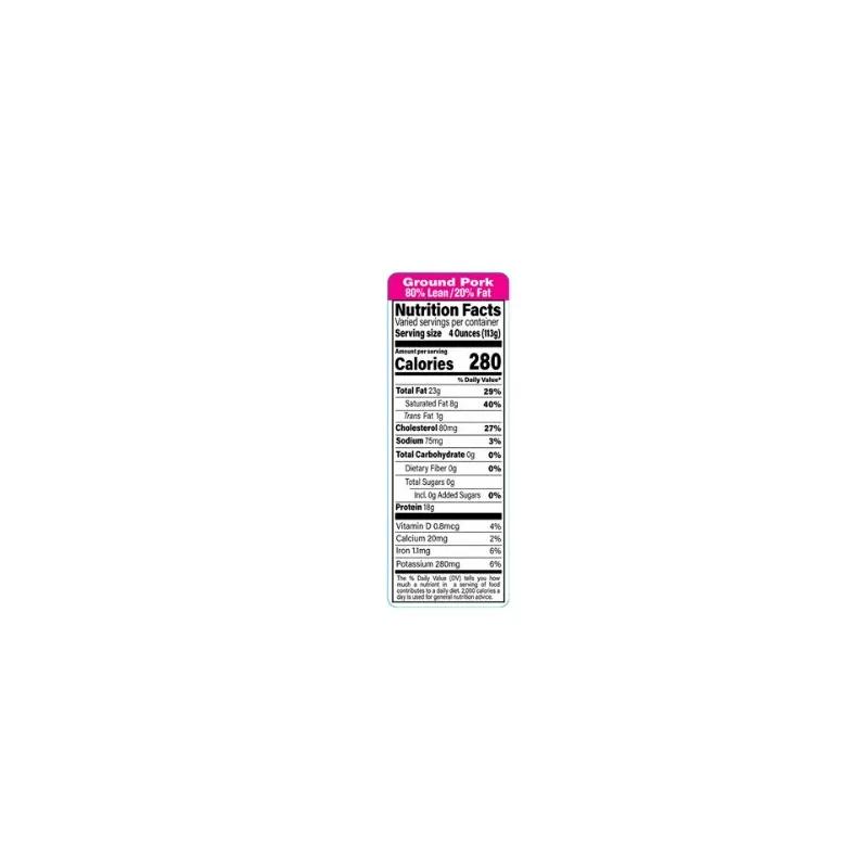 Ground Pork 80% Lean 20% Fat Label 1.5X4.125 IN Pink Black Rectangle Nutritional Facts 1000/Roll