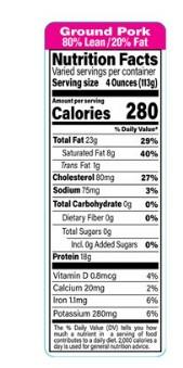 Ground Pork 80% Lean 20% Fat Label 1.5X4.125 IN Pink Black Rectangle Nutritional Facts 1000/Roll