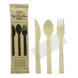 4PC Cutlery Kit 6.7 IN Bamboo Natural With Napkin,Fork,Knife,Spoon 100 Count/Case