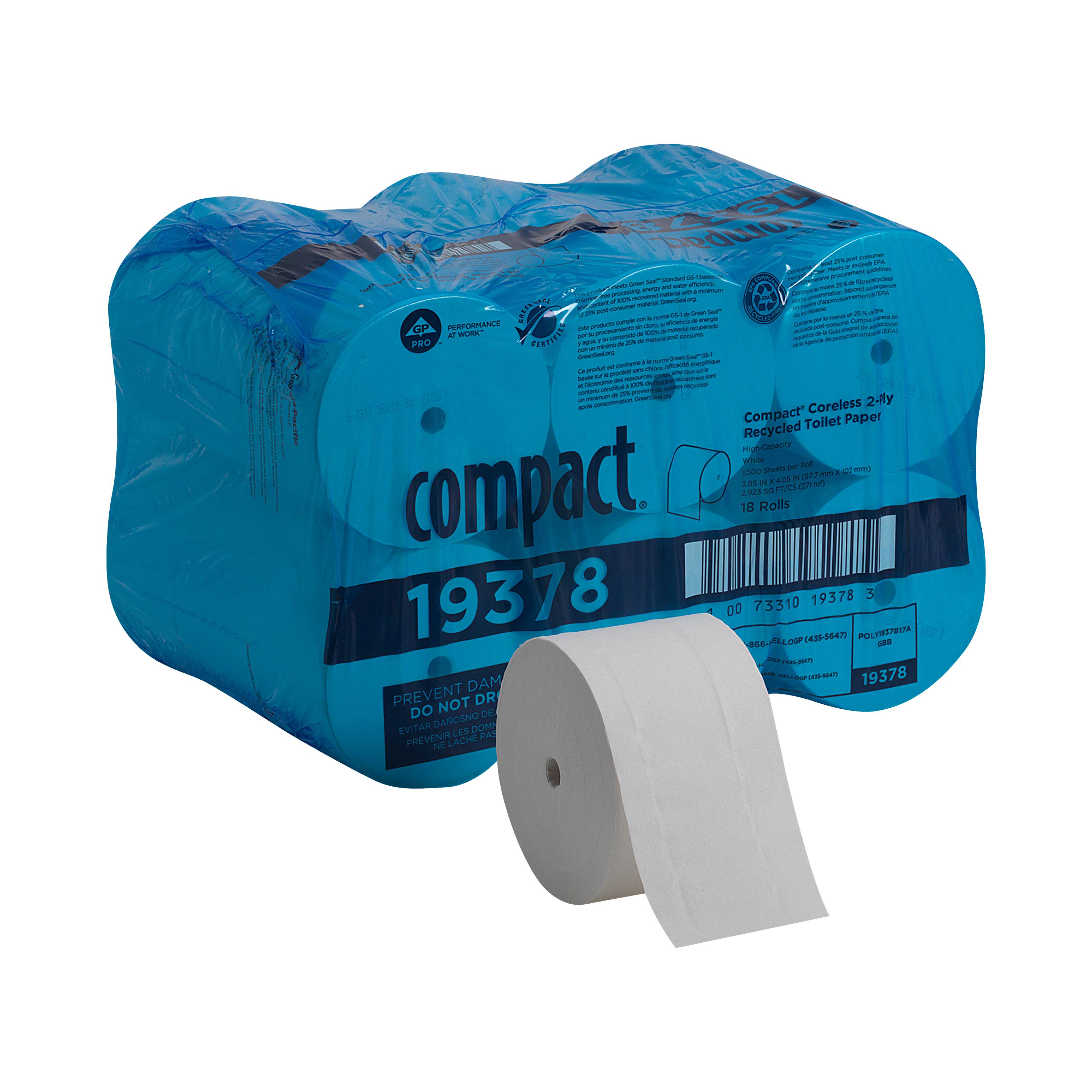 Compact® Toilet Paper & Tissue Roll 4X3.8 IN 2PLY White Coreless High Capacity 1500 Sheets/Roll 18 Rolls/Case