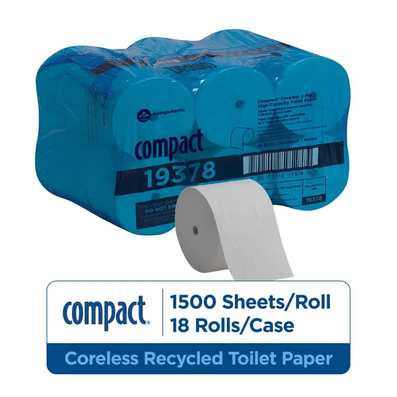 Compact® Toilet Paper & Tissue Roll 4X3.8 IN 2PLY White Coreless High Capacity 1500 Sheets/Roll 18 Rolls/Case