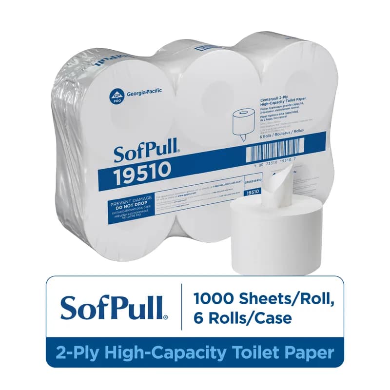 Sofpull® Toilet Paper & Tissue Roll 8.4X5.25 IN 2PLY White Centerpull High Capacity 1000 Sheets/Roll 6 Rolls/Case