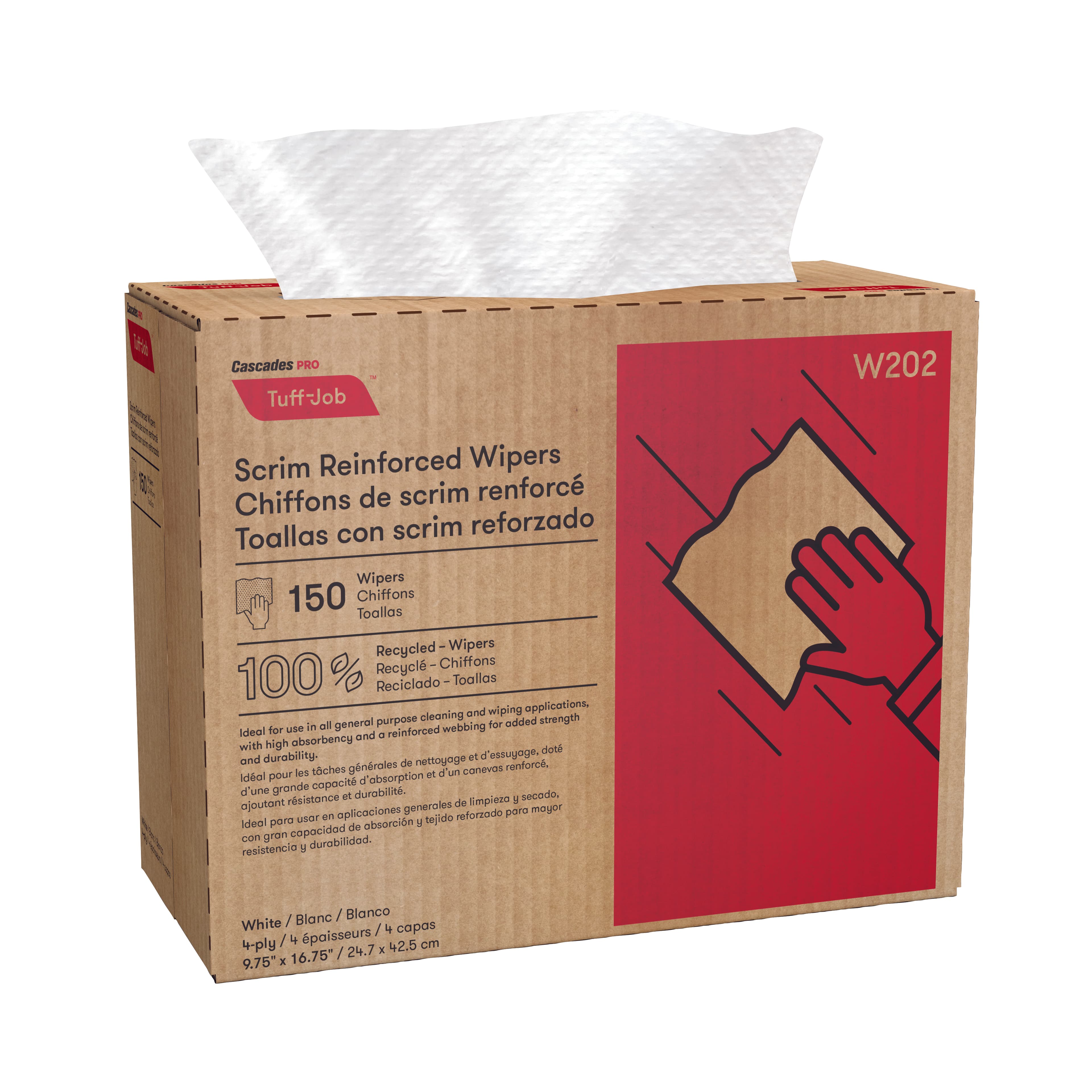 Cascades PRO Wipe 16.75X9.75 IN Cloth Scrim White Interfold Pop-Up Box Reinforced 150 Count/Box 6 Box/Case