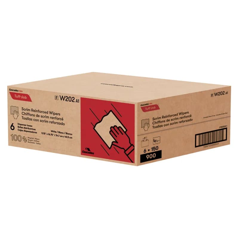 Cascades PRO Wipe 16.75X9.75 IN Cloth Scrim White Interfold Pop-Up Box Reinforced 150 Count/Box 6 Box/Case
