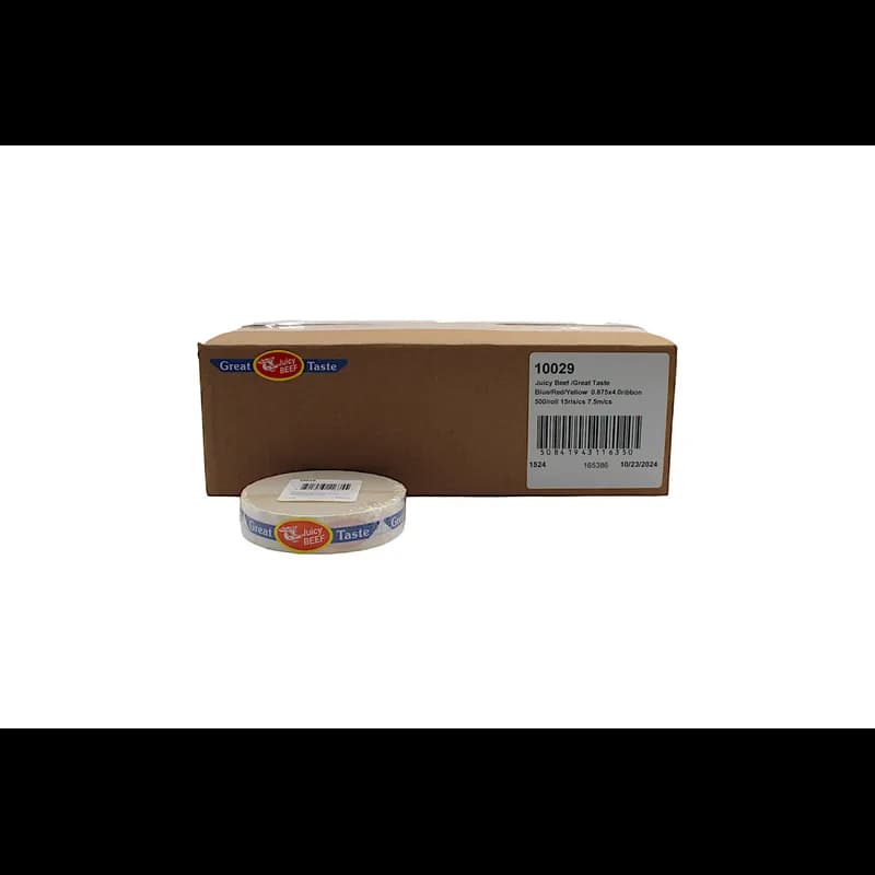 Juicy Beef Great Taste Meat Label 0.875X4 IN Blue Red Yellow Ribbon Strap 500 Count/Roll 15 Rolls/Case 7500 Count/Case