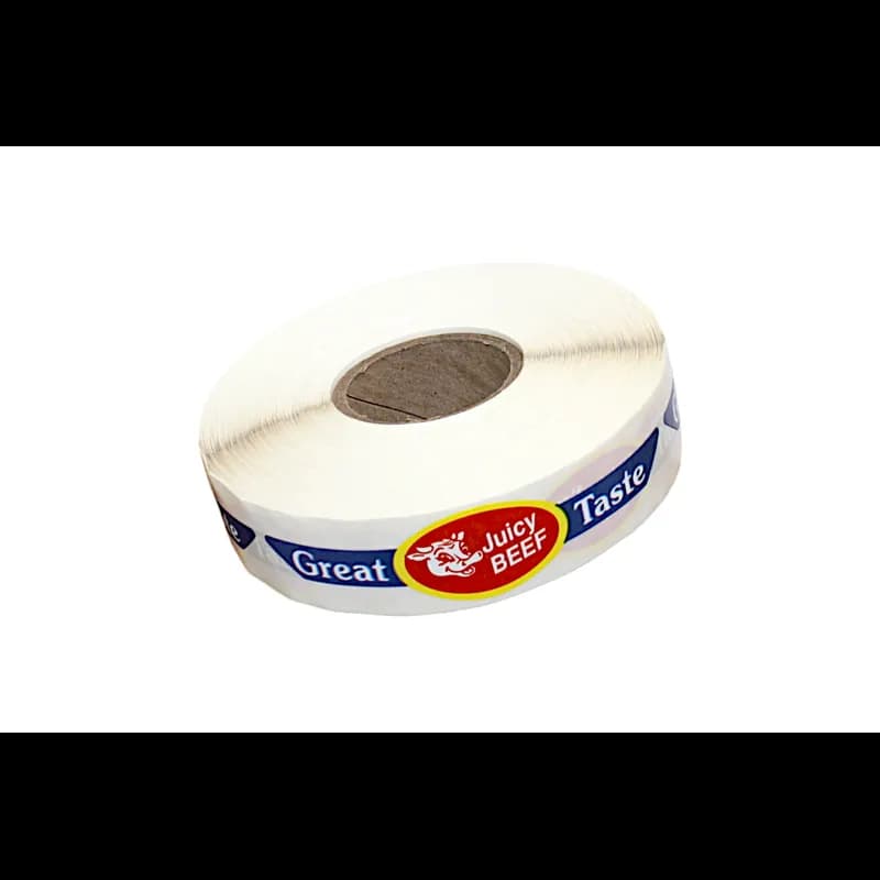 Juicy Beef Great Taste Meat Label 0.875X4 IN Blue Red Yellow Ribbon Strap 500 Count/Roll 15 Rolls/Case 7500 Count/Case