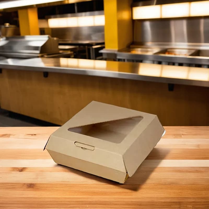 Bagcraft® EcoCraft® Take-Out Box Hinged With Dome Lid 8X8X3.31 IN Paper Kraft Square With Window 110/Case