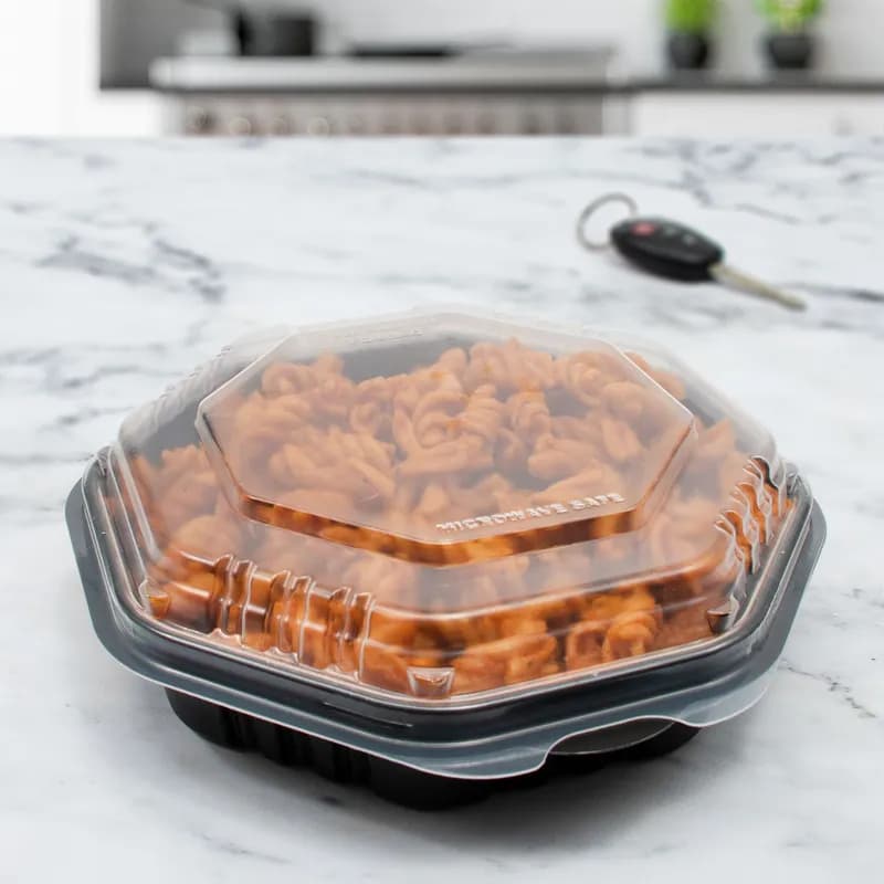 Solo® Creative Carryouts® OctaView® Take-Out Container Hinged With Dome Lid 7.94X7.47X2.32 IN PP Black Clear 100/Case